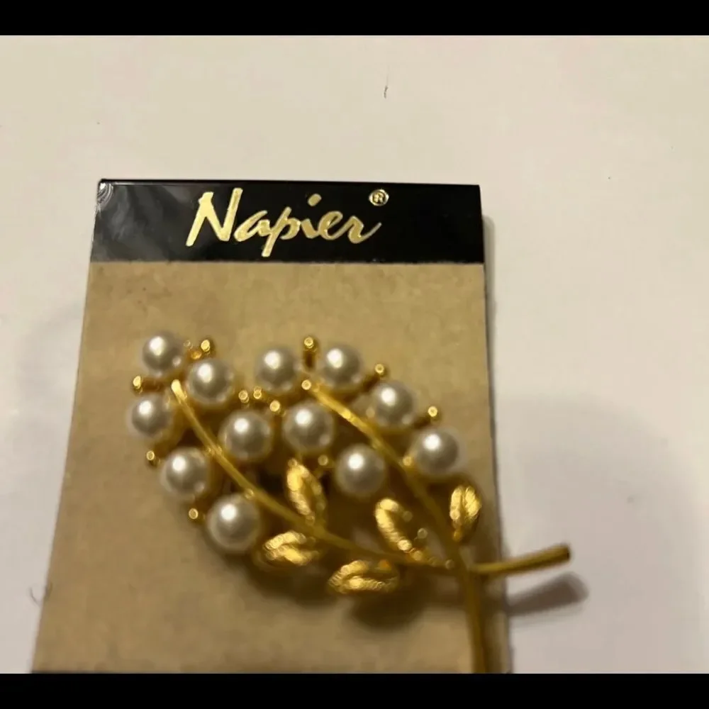 Vintage Napier Gold Tone Faux Pearl Leaves & Branches Pin/Brooch 2 3/8” Wide